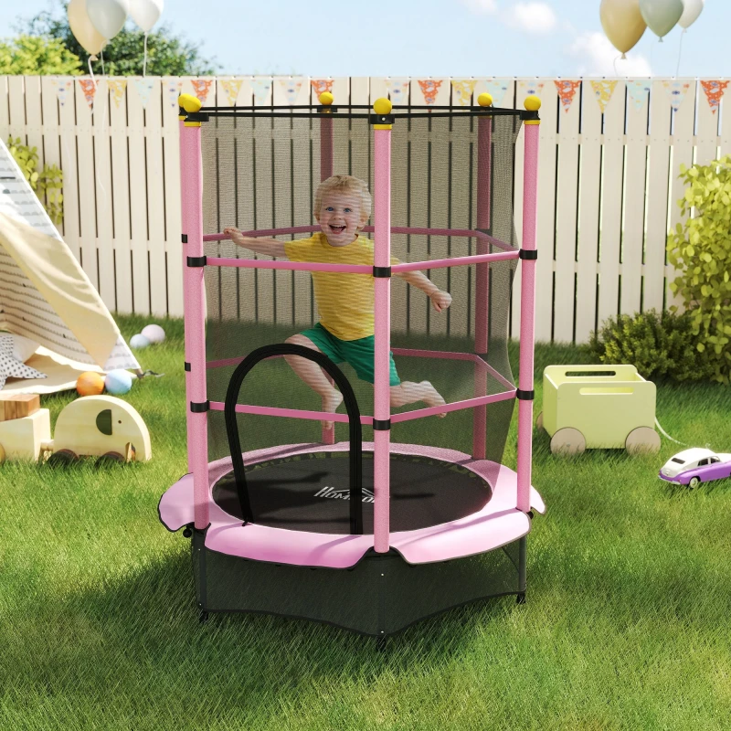 Image of HOMCOM 4.6FT/75" Kids Trampoline with Safety Enclosure, Indoor Outdoor, Pink Pink