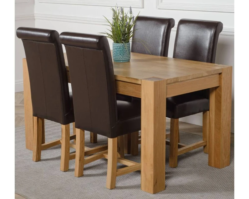 Image of Thats Furniture Kuba 150 x 85cm Medium Oak Dining Table & 4 Washington Leather Chairs in Brown Brown Unisex 150 x 85 cm