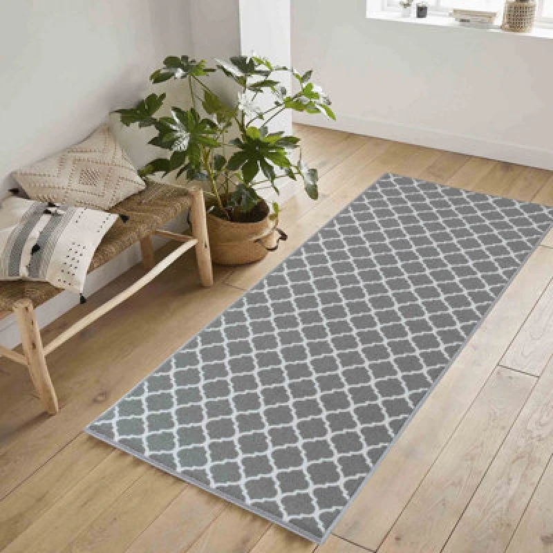 Image of Machine Washable Trellis Design Anti Slip Doormats Grey 80X300 Cm