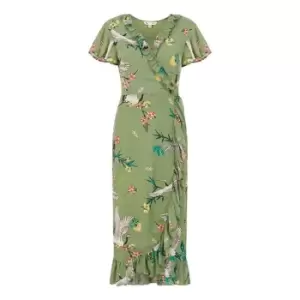 Image of Yumi Green Frill Crane Print Wrap Midi Dress - Green