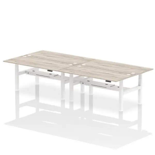 Image of Air Air Back-to-Back 1800 x 800mm Height Adjustable 4 Person Bench Desk Grey Oak Top with Cable Ports White Frame HASCP4P18800GRYW