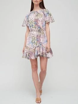 Image of Ted Baker Urban Printed Fluted Hem Mini Dress - Pink, Size 1=8, Women