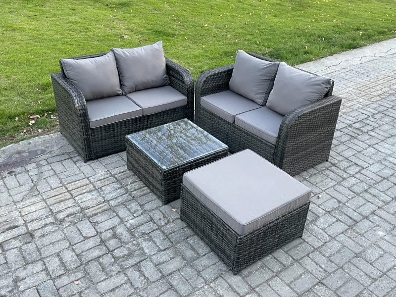Image of Fimous Rattan Sofa Set Outdoor Garden Furniture Set with Square Coffee Table Loveseat Sofa Big Footstool Dark Grey Mixed Dark Grey