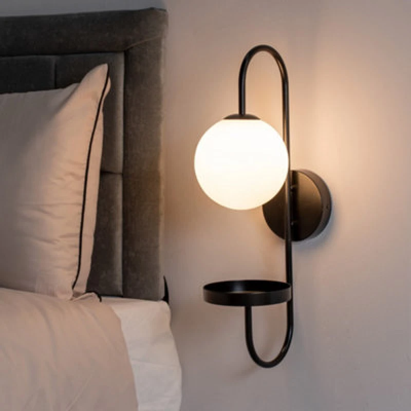 Image of ValueLights ValueLights Milo Frosted Glass Globe Shade Curved Wall Light with Shelf in Black One Size Unisex 5016529271314