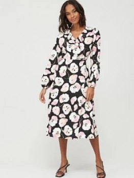 Image of Wallis Abstract Poppy Puff Sleeve Dress - Black, Size 14, Women