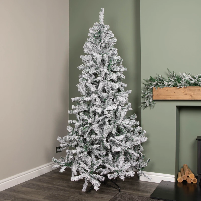 Image of 7ft (2.1m) Snow Flocked Artificial Christmas Tree with Green Metal Stand and 655 Tips