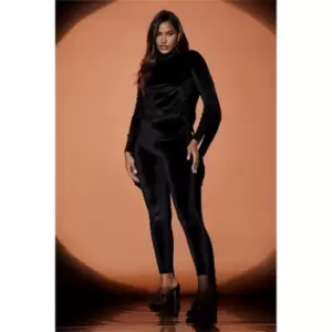 Image of I Saw It First Black Velour High Neck Ruched Puff Sleeve Bodycon Dress - Black