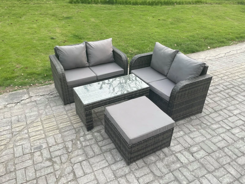 Image of Fimous High Back Rattan Garden Furniture Set with Loveseat Sofa Coffee Table Footstool Outdoor Patio Lounge Sofa Set Dark Grey