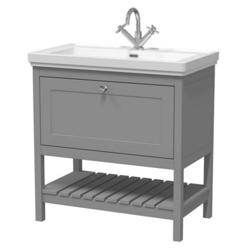 Image of Nuie Old London Bexley Floor Standing 1 Drawer Vanity & 1 Tap Hole Fireclay Basin, Stylish Vanity Unit With Basin, Cool Grey, 800mm