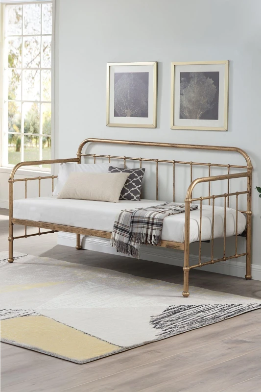 Image of Slumberworx Ickleford Industrial Living Room Bedroom Brass Metal Day Bed Frame, Black 5055744841773