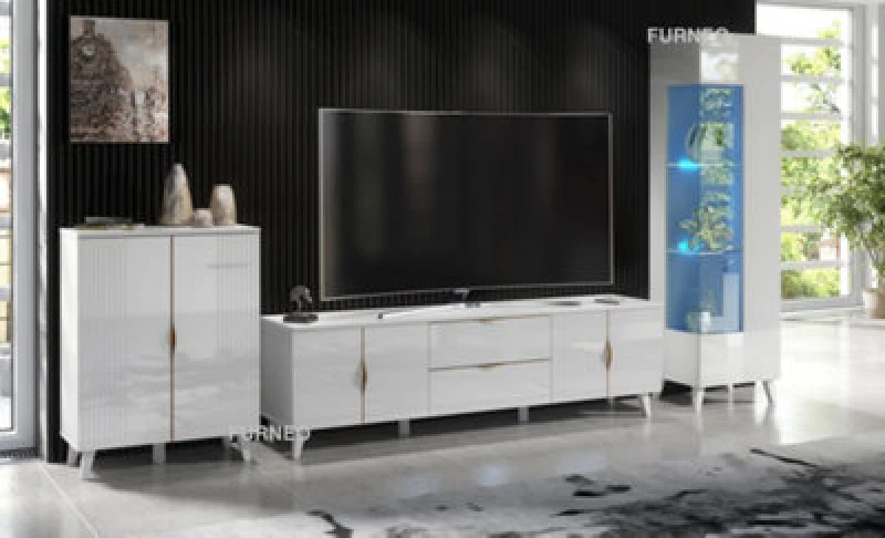 Image of Furneo High Gloss & Matt White Living Room Set TV Stand Display Cabinet Sideboard Azzurro 10/12/14 Blue LED Lights