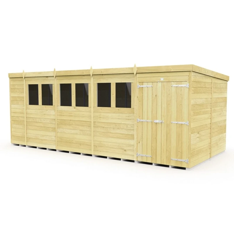 Image of Buttercup Farm 18 x 8 Feet Pent Shed - Double Door W/ Windows - L231 x W533 x H201cm in Brown Brown Unisex
