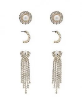 Image of Mood Mood Rose Gold Plated Crystal Diamante And Pearl 3Pk Earrings