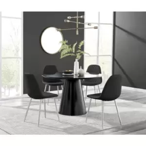 Image of Furniturebox Palma Black Semi Gloss 120cm Round Minimalist Dining Table & 4 Black Corona Faux Leather Dining Chairs with Silver Legs Diamond Stitch