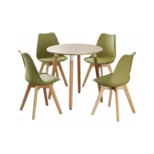 Image of Life Interiors - 5 Pieces Lorenzo Halo Dining Set - a Round Dining Table and Set of 4 Green Dining Chairs - Green