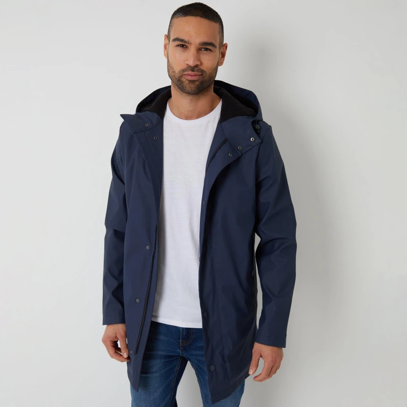 Image of Threadbare Microfleece Lined Longline Showerproof Hooded Raincoat Navy