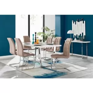 Image of Kylo White High Gloss Dining Table & 6 Cappuccino Murano Chairs - Cappuccino
