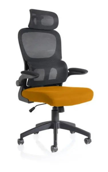Image of Iris Task Operator Black Mesh Back Bespoke Senna Yellow Fabric Seat With Headrest