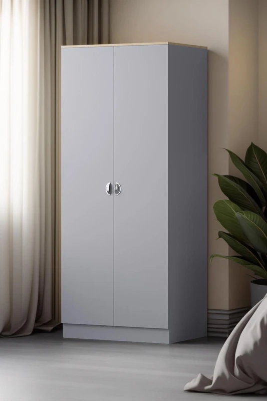 Image of FWStyle FWStyle 2 Door Double Wardrobe Matt Grey Oak Top Bedroom Furniture Grey One Size Unisex 5056413127471