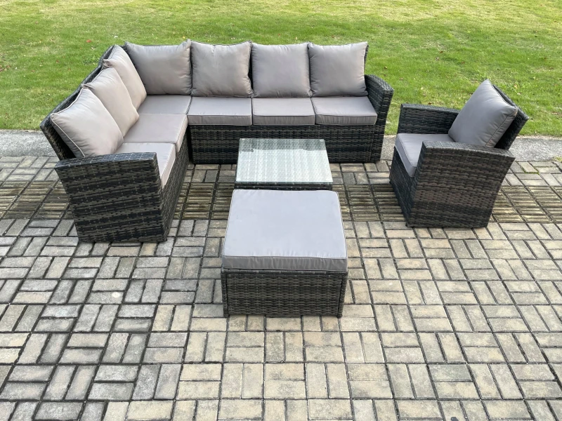 Image of Fimous Rattan Garden Furniture Set Outdoor Lounge Corner Sofa Set With Square Coffee Table Big Footstool Armchair 8 Seater in Dark Grey Dark Grey Unis