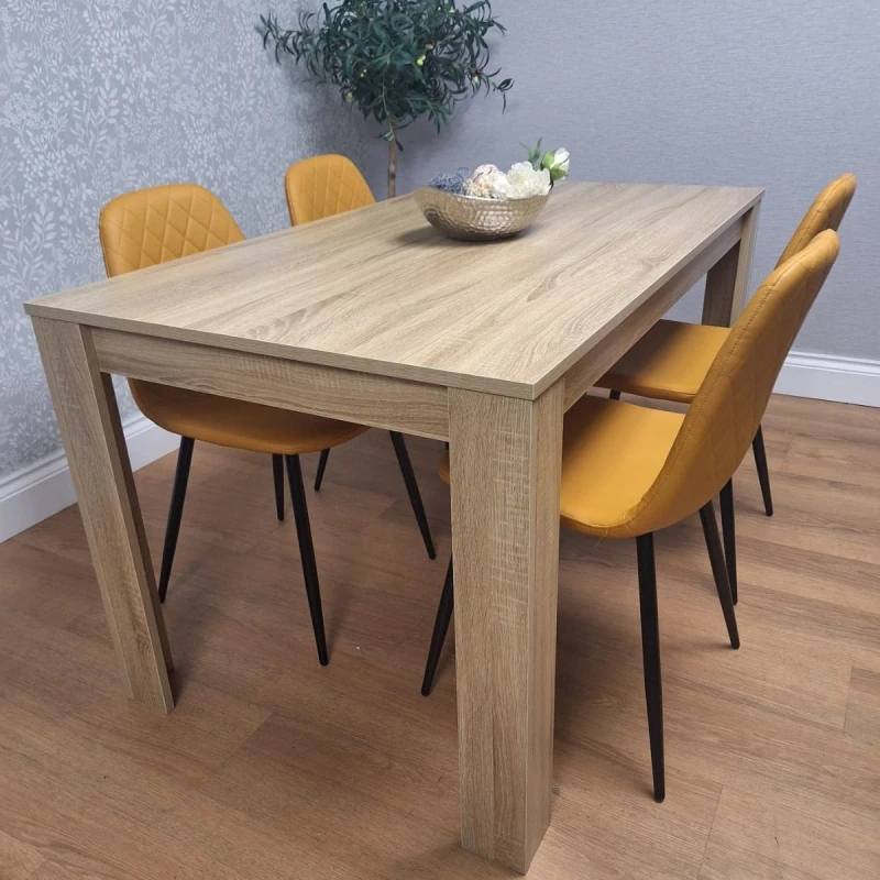 Image of KOSY KOALA Dining Table and 4 Chairs Oak Effect Table with 4 Mustard Gem Patterned Chairs Beige