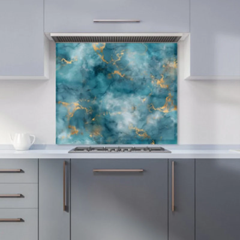 Image of Warren Reed Designer Gold And Blue Marble Effect Kitchen Splashback