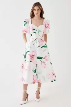Image of Puff Sleeve Midi Dress With Buttons