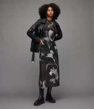 Image of AllSaints Womens Hanna Iris Midi Dress, Black, Size: 6