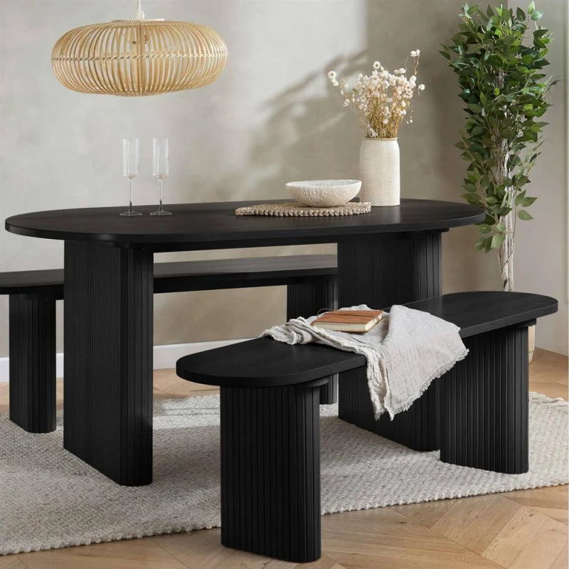 Image of Birlea Axel Oval Fluted Dining Table With 2 Benches, Black AXEDINBLK2BEN