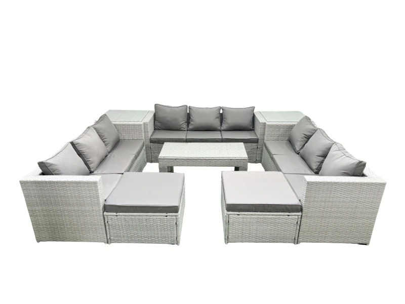 Image of Fimous Rattan Garden Outdoor Furniture Set 11 Seater Garden Sofa Oblong Coffee Table Set with 2 Big Footstools 2 Side Tables Light Grey Mixed Light Gr