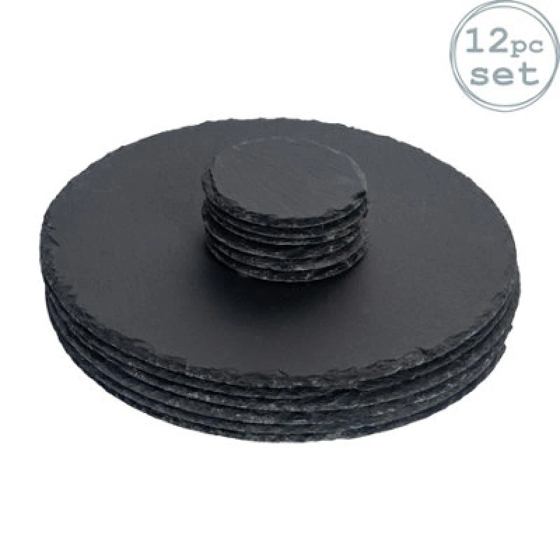 Image of Argon Tableware 12 Piece Round Slate Placemats & Coasters Set Grey unisex