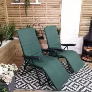 Image of Set of 2 Padded Outdoor Garden Patio Recliner / Sun Lounger in Plain Green