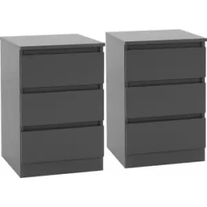 Image of Malvern Pair of Bedsides 3 Drawer Grey Finish Recessed Handles Metal Runners
