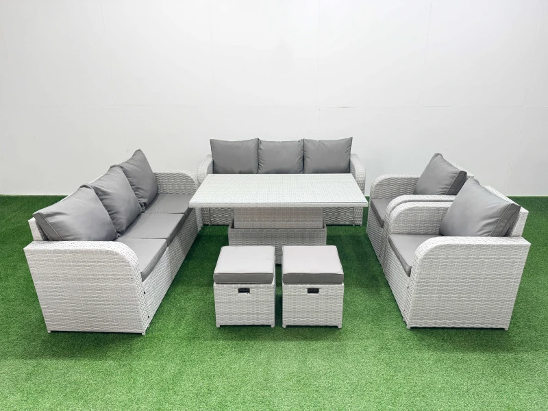 Image of Fimous PE Rattan High Back Lounge Sofa Set Patio Adjustable Lifting Dining or Coffee Table & Chairs Set with 3 Seater Sofa Reclining Chair Stools Ligh