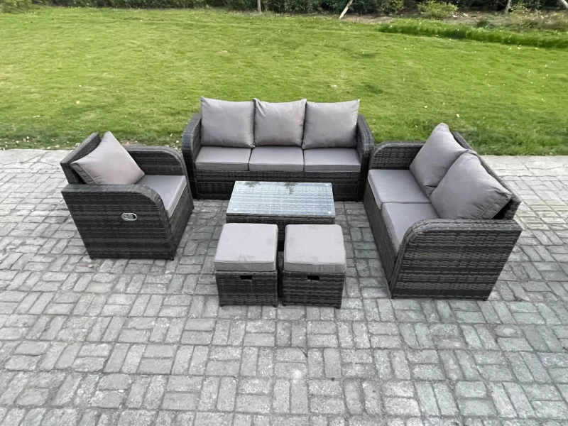 Image of Fimous Outdoor Garden Furniture Sets 6 Pieces Wicker Rattan Furniture Sofa Sets with Rectangular Coffee Table Loveseat Sofa 2 Small Footstools Dark Gr