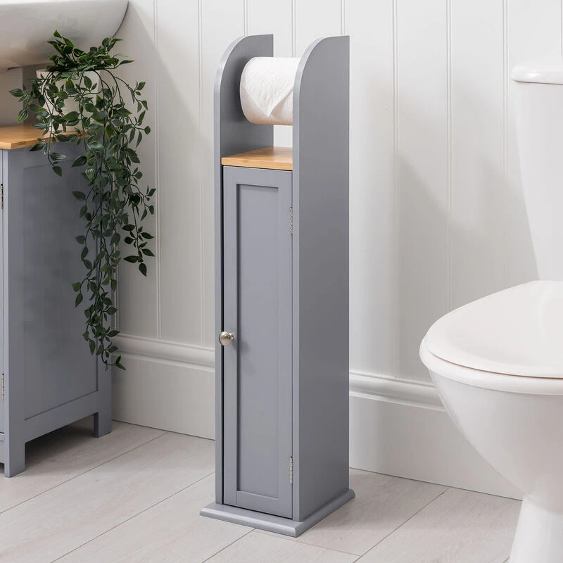 Image of Christow Toilet Roll Holder Cabinet Freestanding Grey Bamboo Wood Bathroom Unit Grey