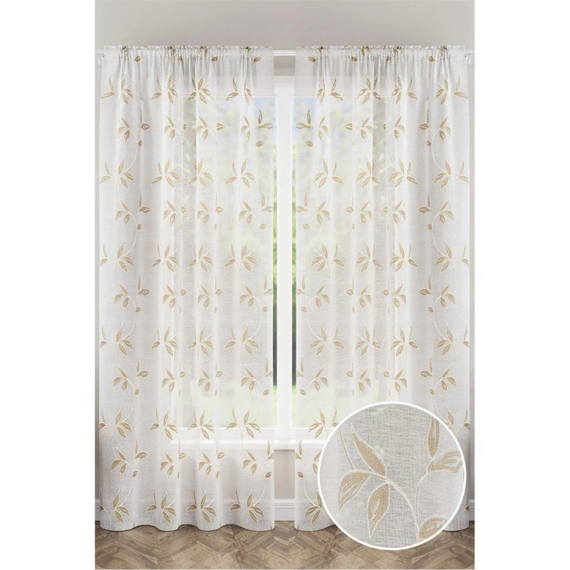 Image of Tyrone Textiles Oasis Embroidered Leaf Design Voile Panels - Pair - Beige Beige 140x229cm
