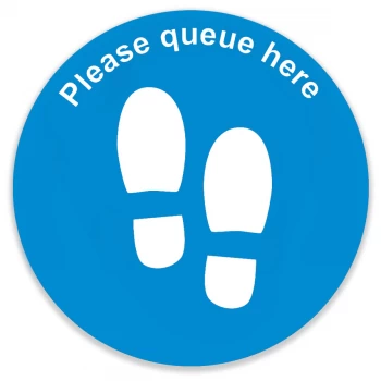 Image of Social Distance Floor Marker - Blue Circle Queue Here (400 X 400mm)