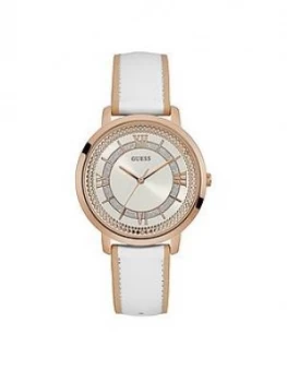 Image of Guess Rose Gold With White Dial And White Leather Strap Ladies Watch
