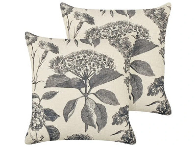 Image of Beliani Set Of 2 Decorative Cushions Rosemary Cotton 45 X 45cm Grey Floral Pattern