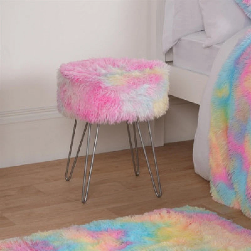 Image of OHS OHS Fluffy Footstool Hairpin Fleece Bedroom Vanity Seat Modern Pouffe Decor Chair in Pink Pink One Size Unisex 5027434198146