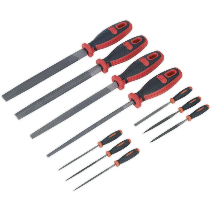 Image of Loops 10 Piece Engineers & Needle File Set - Double Cut - Coarse - Soft Grip Handles Multi