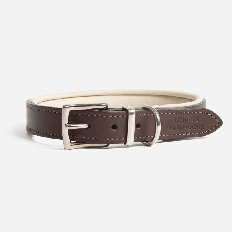 Image of Lords and Labradors Italian Padded Leather Collar Brown & Cream XL, Brown 24679