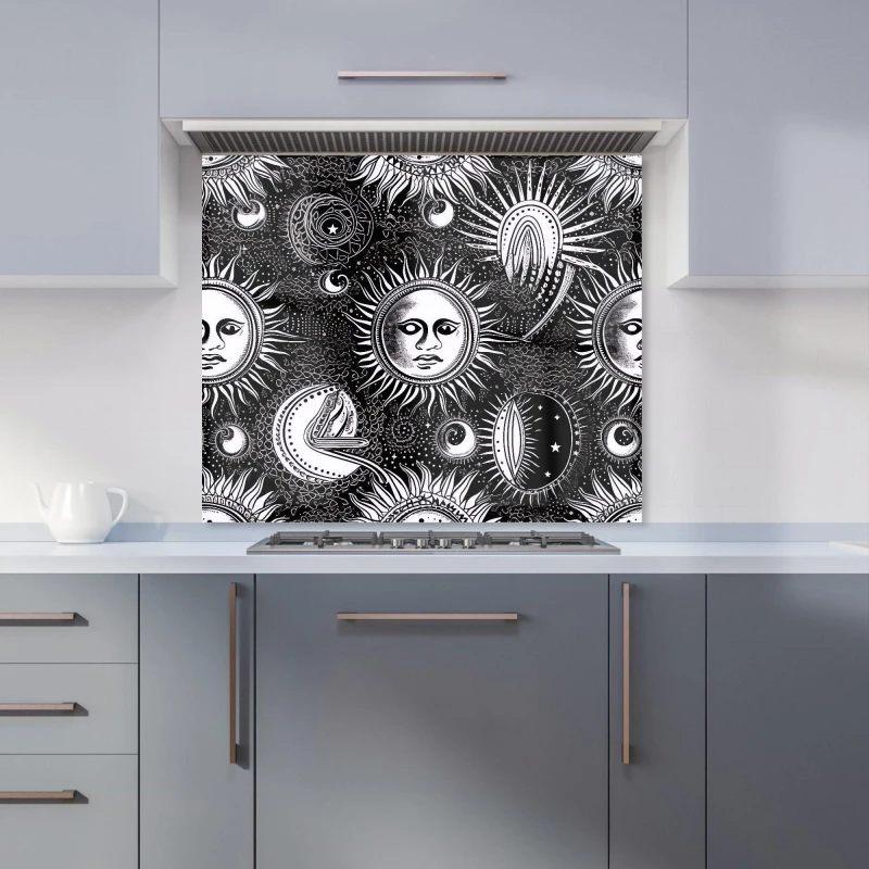 Image of Warren Reed - Designer Moon & Sun Black White Kitchen Splashback Size: 700mm x 650mm Black Unisex 700mm x 650mm