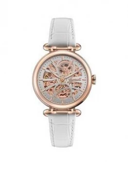 Image of Ingersoll Ingersoll Star Silver And Rose Gold Detail Skeleton Automatic Dial White Leather Strap Ladies Watch