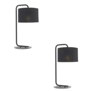 Image of 2 PACK Satin Black Table Lamp - 23cm Fabric Cylinder Shade - Bedroom Desk Light
