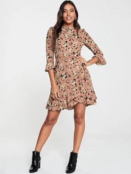 Image of Oasis Rose Print Skater Dress - Tan, Size 6, Women