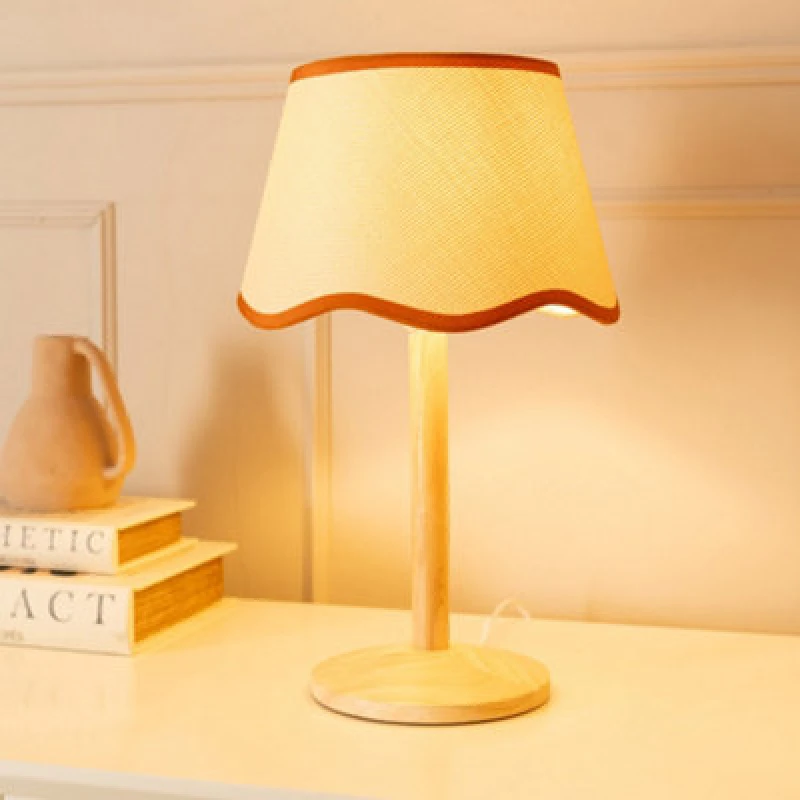 Image of ValueLights Triston Natural Light Wood Stem Table Lamp with Scallop Trim Tapered Lamp Shade Burnt Orange