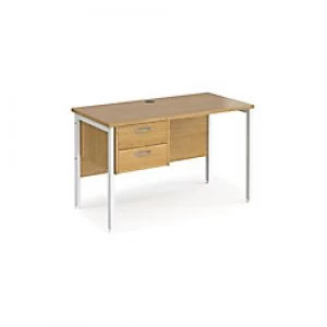 Image of Rectangular Straight Desk Oak Wood H-Frame Legs White Maestro 25 1200 x 600 x 725mm 2 Drawer Pedestal