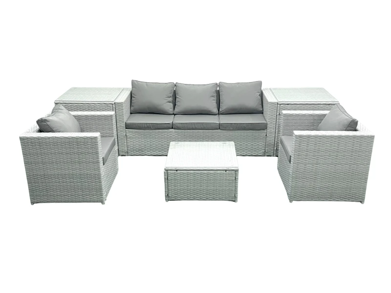 Image of Fimous 5 Seater Rattan Garden Furniture Set with 3 Seater Sofa 2 Chair Square Coffee Table 2 Side Tables Light Grey Mixed Light Grey